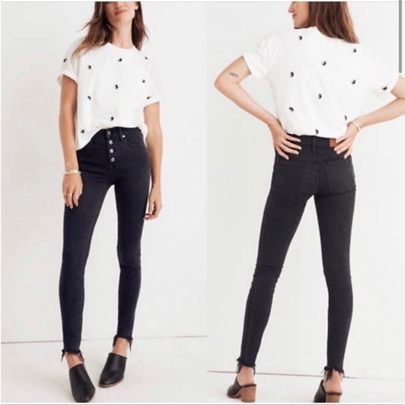 Madewell 9” High Riser Skinny  Exposed Button Fly Black Raw Hem Stretch Jean - Picture 1 of 16